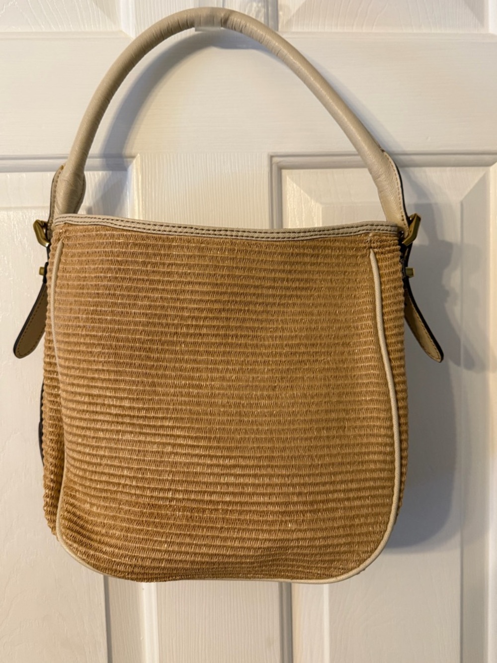 J. Crew Tan Straw-Weave Shoulder Bag with Cream Handle